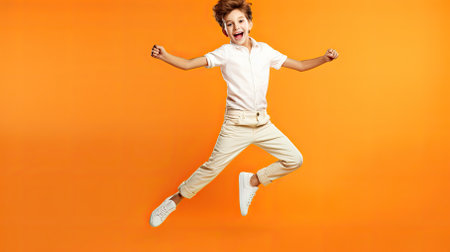 Full length portrait of a cheerful young boy jumping isolated over orange backgroundの素材