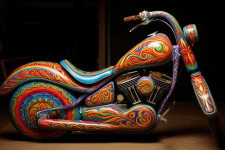 Colorful painted motorcycle on a wooden table in the dark room.の素材