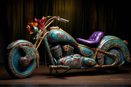 Turquoise motorcycle on the wooden floor in front of the curtainの素材