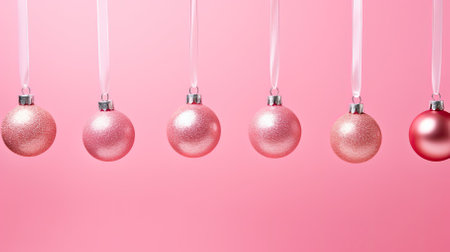 Pink christmas balls hanging on strings on pink background with copy spaceの素材