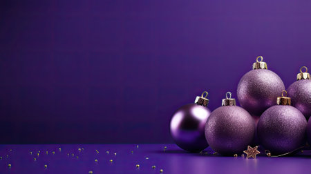 Purple christmas baubles on purple background with copy spaceの素材