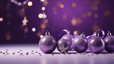 Purple christmas baubles on purple bokeh backgroundの素材