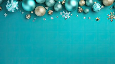 Christmas background with blue and silver balls and snowflakes on turquoise backgroundの素材