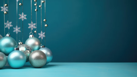 Christmas background with blue baubles and snowflakes on blue backgroundの素材
