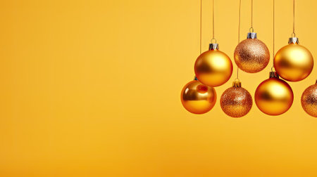 Golden christmas balls hanging on a yellow background. 3d renderingの素材