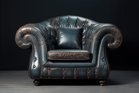 Luxury leather armchair with pillows on a dark backgroundの素材