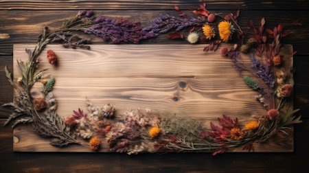 Autumn background with dried flowers and leaves on rustic wooden boardの素材