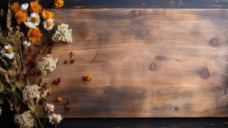 Wooden background with dried flowers and space for text, top viewの素材