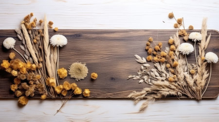 Dry flowers on a wooden background. Flat lay, top view.の素材