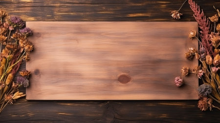Wooden cutting board with dried flowers on a dark wooden background.の素材