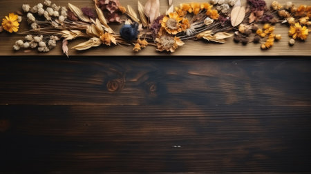 Autumn background with dried flowers and leaves on wooden board, top viewの素材