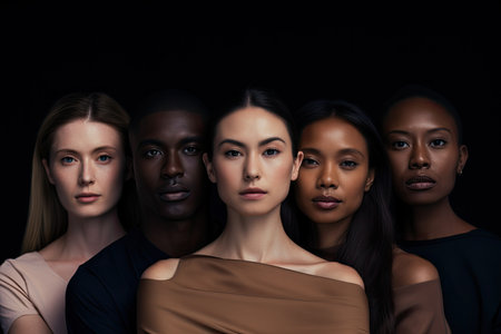 Multiethnic group of women and men posing in studio over black backgroundの素材