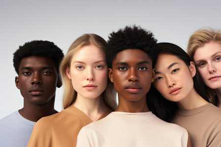 multiethnic group of young people standing together and looking at cameraの素材