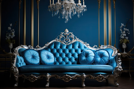 Classic blue sofa in classic interior with gold decorations. 3d renderの素材