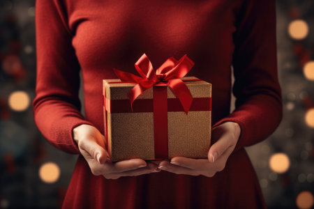 Female hands holding a gift box with a red ribbon on a bokeh backgroundの素材