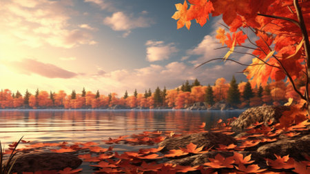 Autumn landscape with lake and colorful leaves. 3d render.の素材