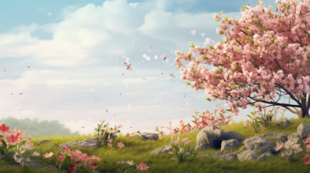 Cherry blossoms blooming in spring time with blue sky backgroundの素材