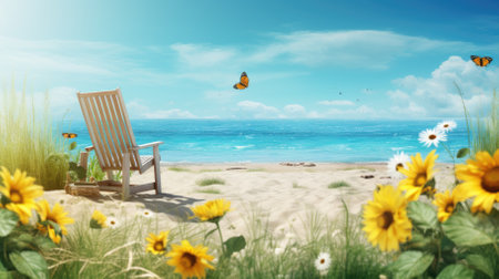Chaise lounge on the beach with sunflowers and butterfliesの素材