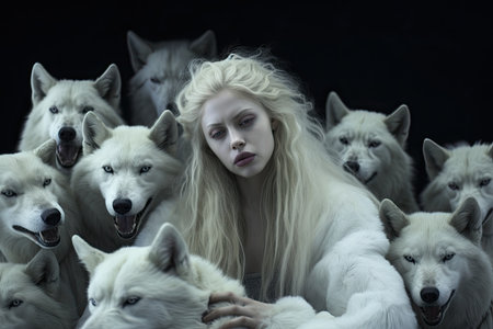 Beautiful young woman with long blond hair and white dogs on black backgroundの素材