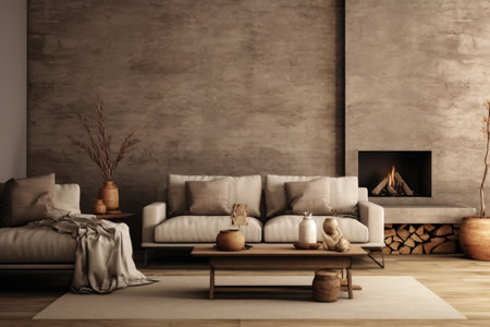 modern living room with sofa and fireplace. 3d render illustration mock upの素材