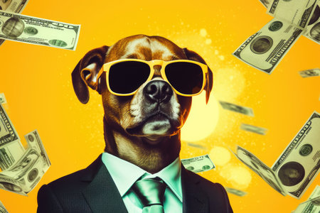 Funny dog with sunglasses and dollars on yellow background. Business conceptの素材