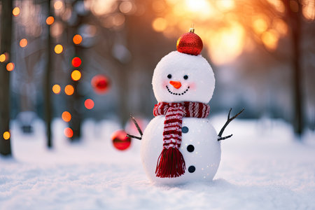 Snowman in winter park. Christmas and New Year holidays background.の素材