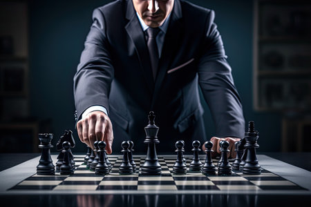 Businessman playing chess on the table with chessboard and chess piecesの素材