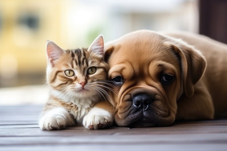 Cute puppy and tabby kitten lying together on wooden floor.の素材