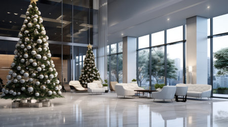 3d rendering of a modern office lobby with christmas tree in the backgroundの素材