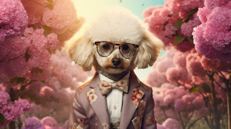 Portrait of a dog in a suit and glasses on a background of pink flowers.の素材