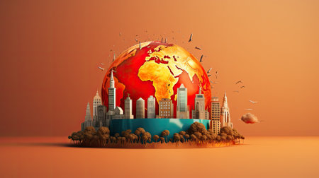 Global warming concept with planet earth and city on orange background. 3D renderingの素材
