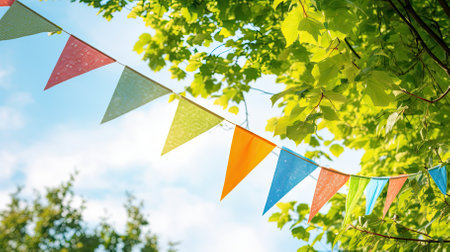 Colorful bunting flags hanging on tree branches in sunny summer dayの素材