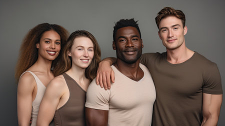 multiethnic friends smiling at camera isolated on grey, panoramaの素材