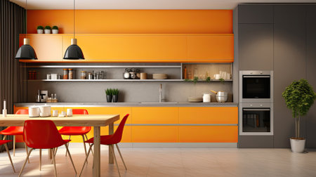 Modern orange kitchen interior design. 3d rendering mock up scene.の素材