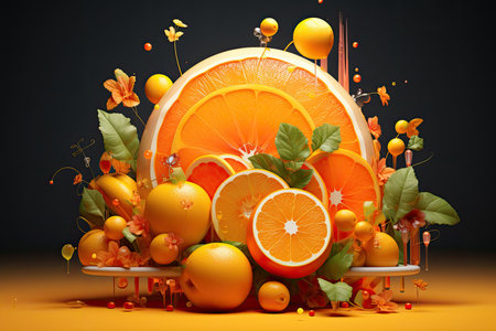 Fruit composition with oranges and lemons 3d render on black backgroundの素材
