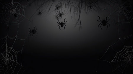 Halloween background with spiders and web on dark background. Vector illustration.の素材