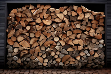 Pile of chopped firewood in front of a wooden wall.の素材