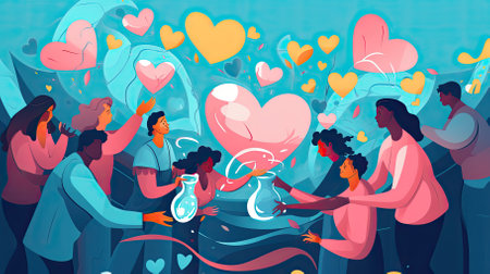 Valentine's day vector illustration. Young people celebrate Valentine's Day together.の素材