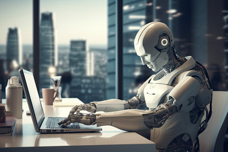 3d rendering humanoid robot working on laptop in office with city viewの素材