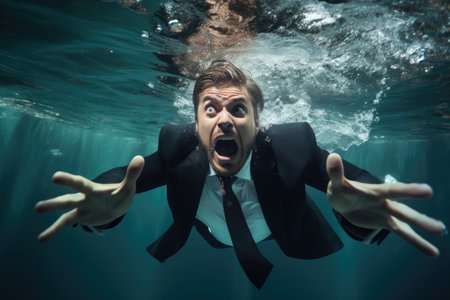Scared businessman in a suit swimming underwater and looking at camera.の素材