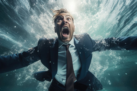 Screaming businessman with open mouth and hands outstretched in waterの素材