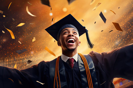 Happy graduate guy in cap and gown celebrating success. Mixed media. Mixed mediaの素材