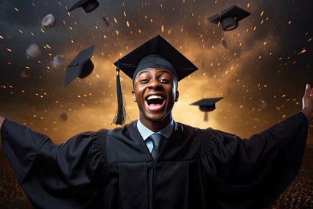 happy african american man in graduation cap and gown celebrating successの素材