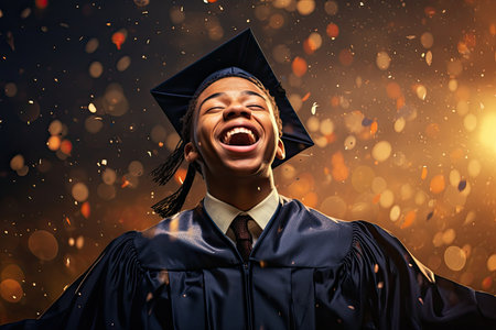 Young african american graduate screaming with closed eyes on dark backgroundの素材