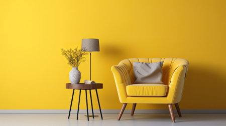 yellow armchair in front of yellow wall, 3d render illustrationの素材