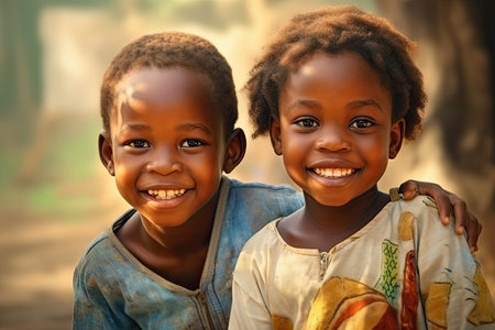 Two little African girls smiling at the camera on a sunny day.の素材