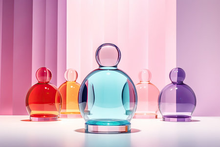 Transparent glass perfume bottles on pastel background. 3D renderingの素材