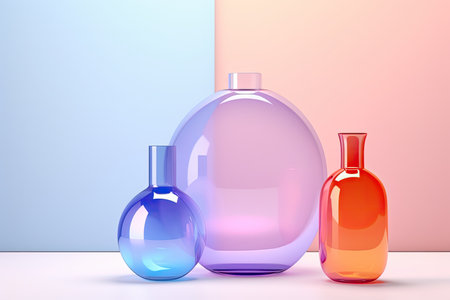 3d render of colorful perfume bottles on a blue and pink backgroundの素材