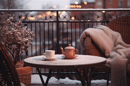 Cup of coffee and teapot on the terrace in winterの素材