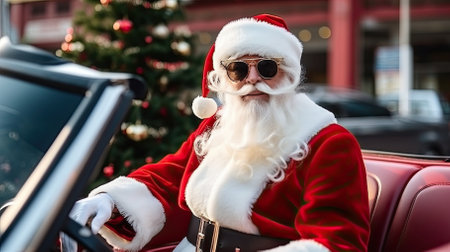 santa claus in sunglasses sitting in cabriolet and looking at cameraの素材